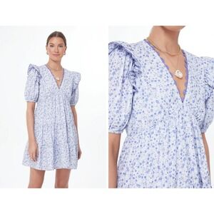 Floral Puff-Sleeve Mini Dress in Light Blue